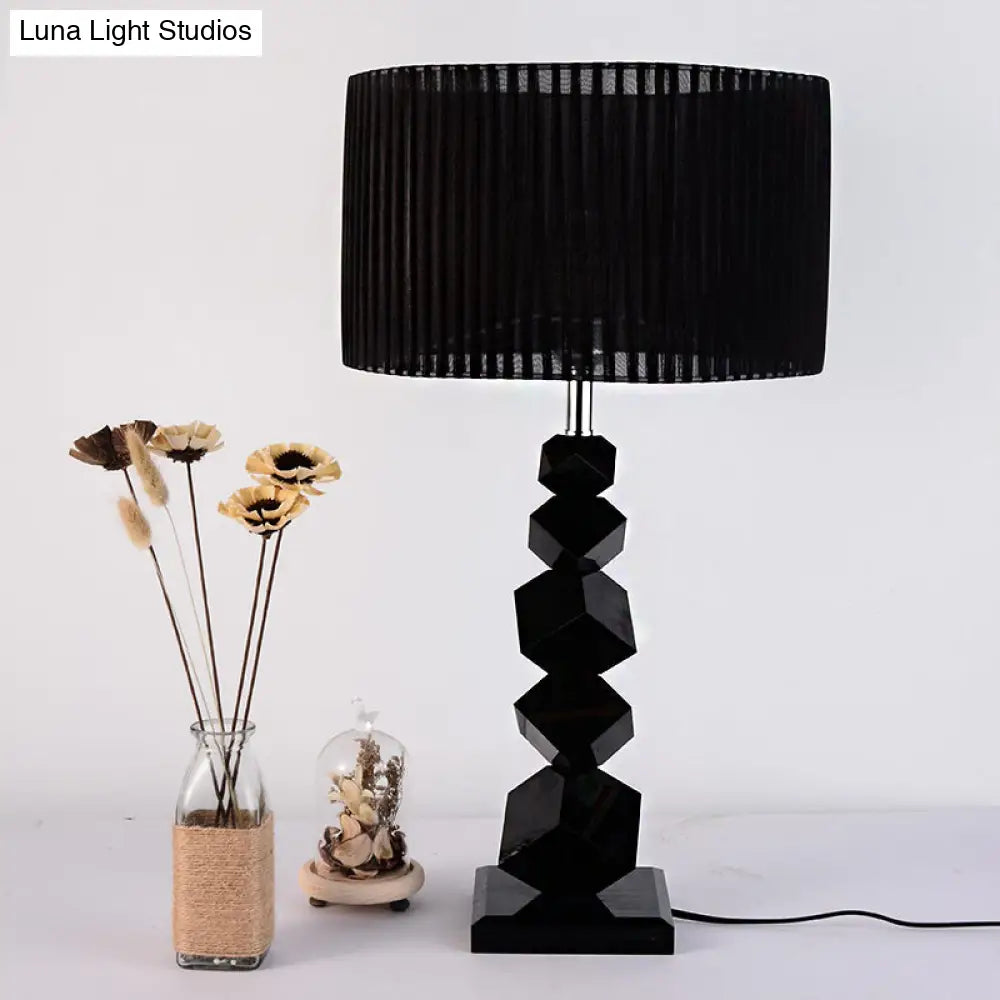 Classic Black Drum Fabric Night Lamp With Crystal Rock Design - Bedroom Table Light