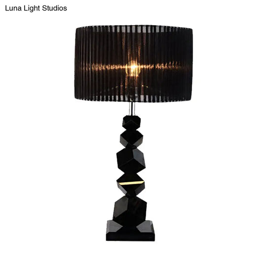 Classic Black Drum Fabric Night Lamp With Crystal Rock Design - Bedroom Table Light