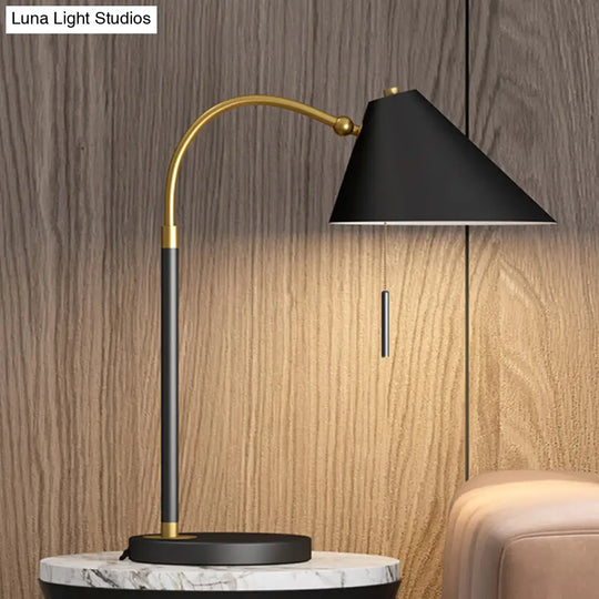 Modern 1 Bulb Night Table Lamp - Black/White Conic Pull Chain Design With Metal Shade