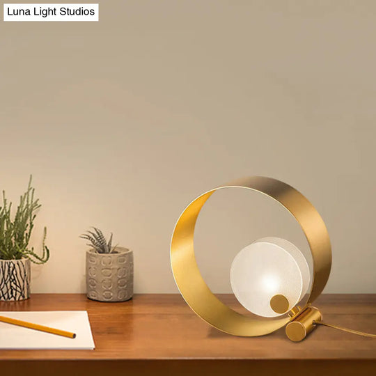 Sarin - Gold Metallic Postmodern Annulus Night Stand Lamp With Frosted Shade