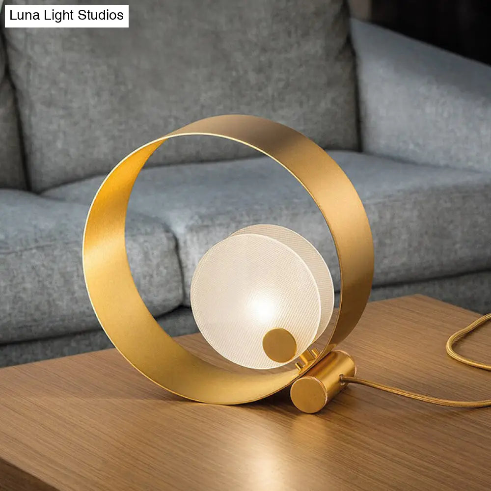 Gold Metallic Annulus Nightstand Lamp With Frosted Shade - Postmodern Bedroom Table Light