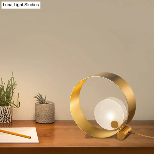 Gold Metallic Annulus Nightstand Lamp With Frosted Shade - Postmodern Bedroom Table Light