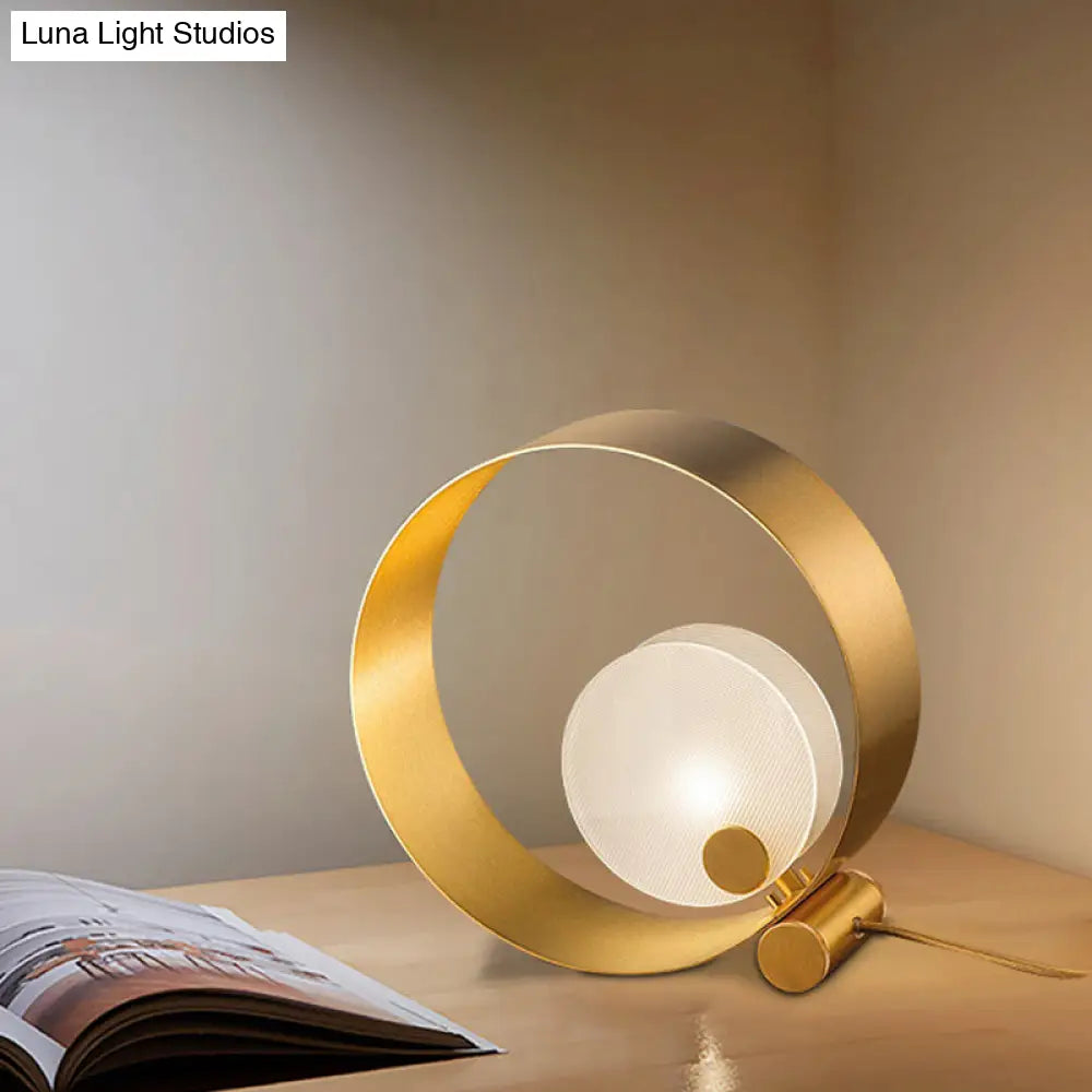 Sarin - Gold Metallic Postmodern Annulus Night Stand Lamp With Frosted Shade