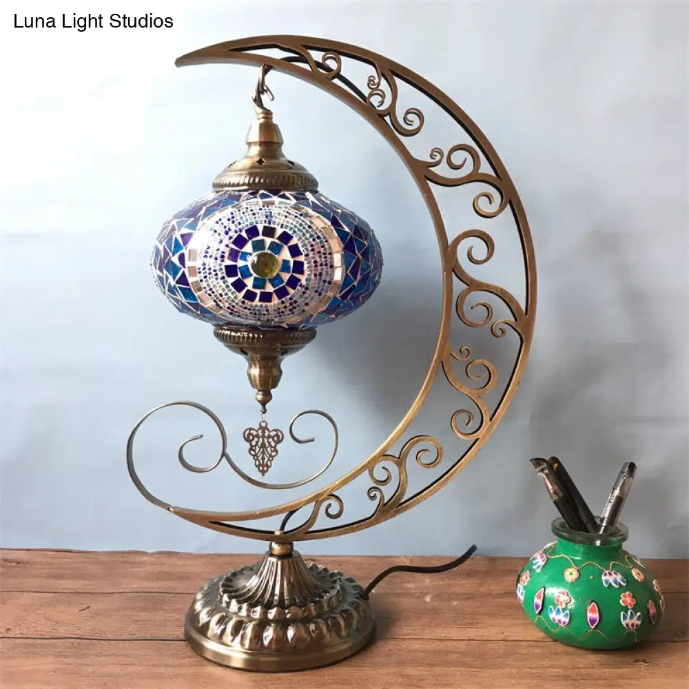 Blue Stained Glass Oval Table Light: Decorative Moon Arm Bedroom Night Lamp With 1 Bulb