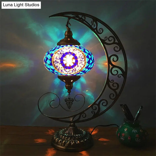 Blue Stained Glass Oval Table Light: Decorative Moon Arm Bedroom Night Lamp With 1 Bulb