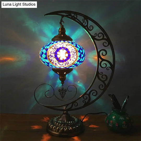 Sarir - Blue Oval Table Light Decorative Stained Glass 1 Bulb Bedroom Night Lamp With Moon Shape Arm