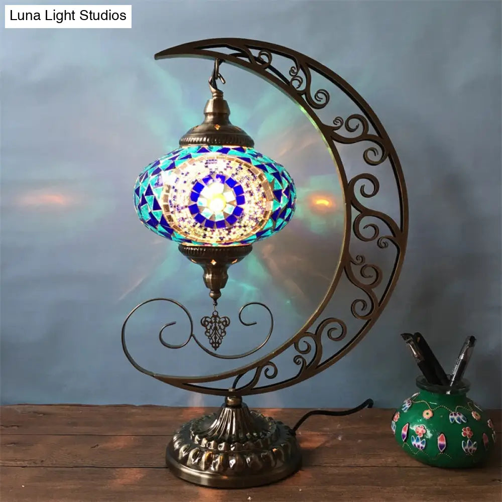 Blue Stained Glass Oval Table Light: Decorative Moon Arm Bedroom Night Lamp With 1 Bulb