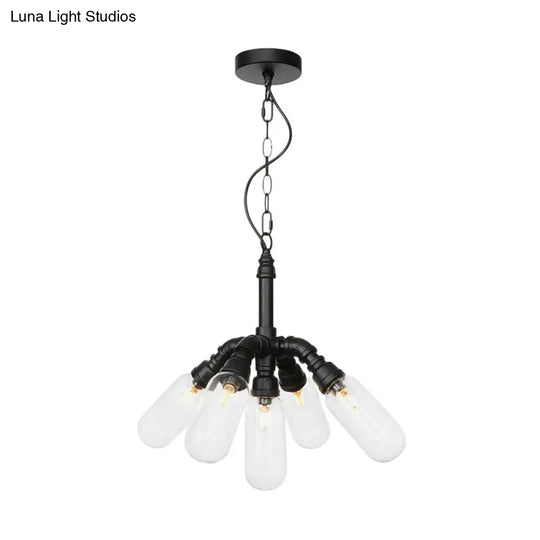 Sasin - Industrial Iron Chandelier With Black Piping And Clear Glass Shade