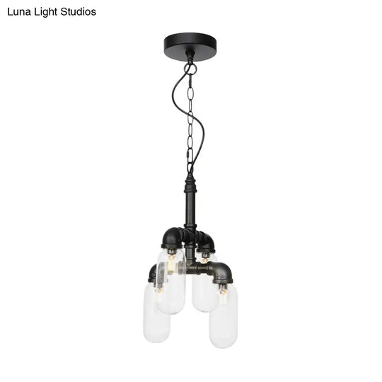 Sasin - Industrial Iron Chandelier With Black Piping And Clear Glass Shade