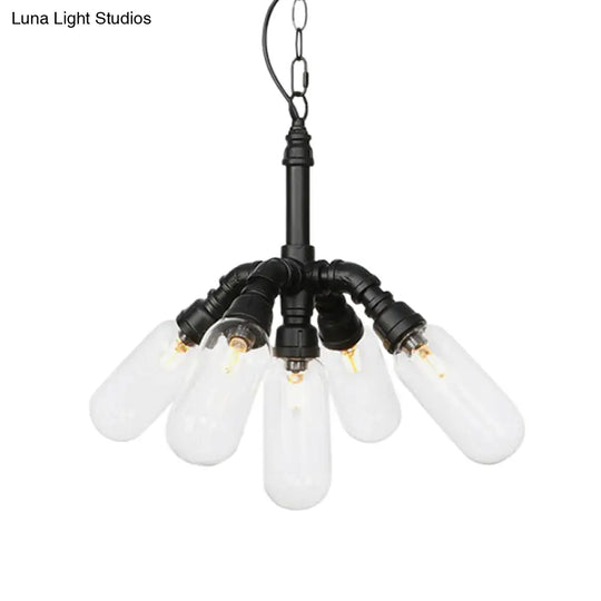 Sasin - Industrial Iron Chandelier With Black Piping And Clear Glass Shade