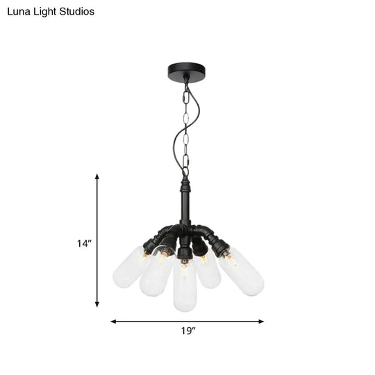 Sasin - Industrial Iron Chandelier With Black Piping And Clear Glass Shade