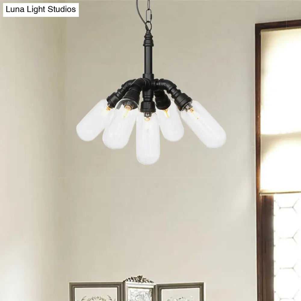 Sasin - Industrial Iron Chandelier With Black Piping And Clear Glass Shade 5 /