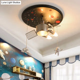Satellite Astronaut - Themed Metal Flushmount Ceiling Light With 3 - Bulb For Children’s Room