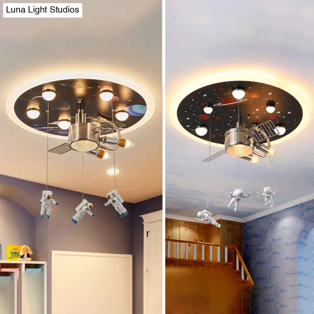 Satellite Astronaut - Themed Metal Flushmount Ceiling Light With 3 - Bulb For Children’s Room