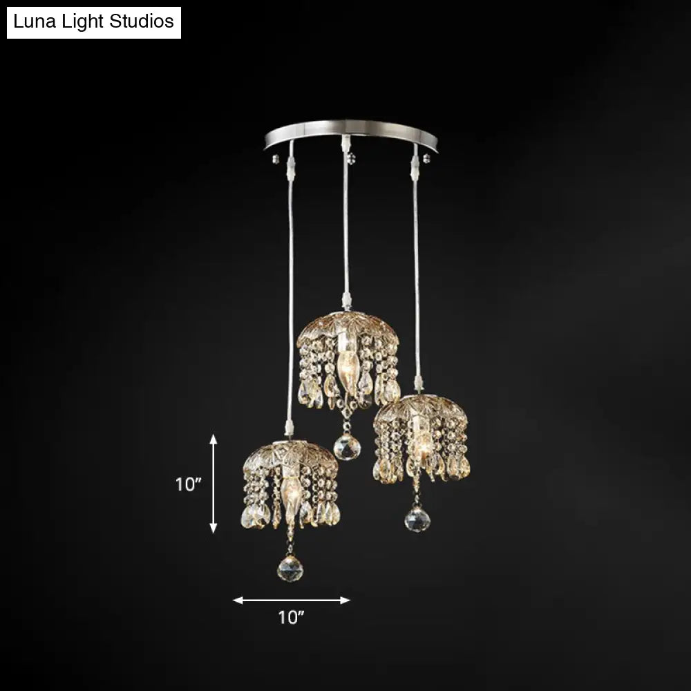 Satin Nickel Crystal Pendant Lamp For Restaurant With Cascade Design - 3 Heads