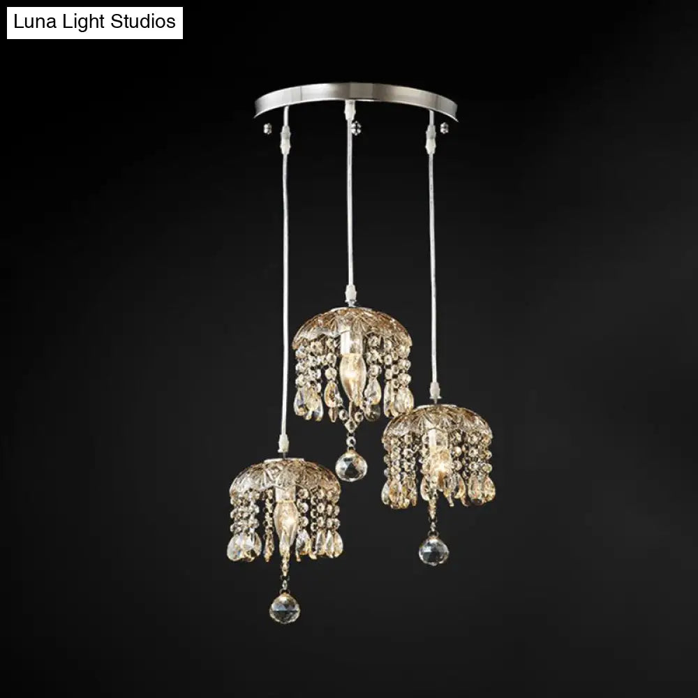 Sleek Crystal Pendant Lighting Fixture With Cascade Design And Satin Nickel Finish - Ideal For