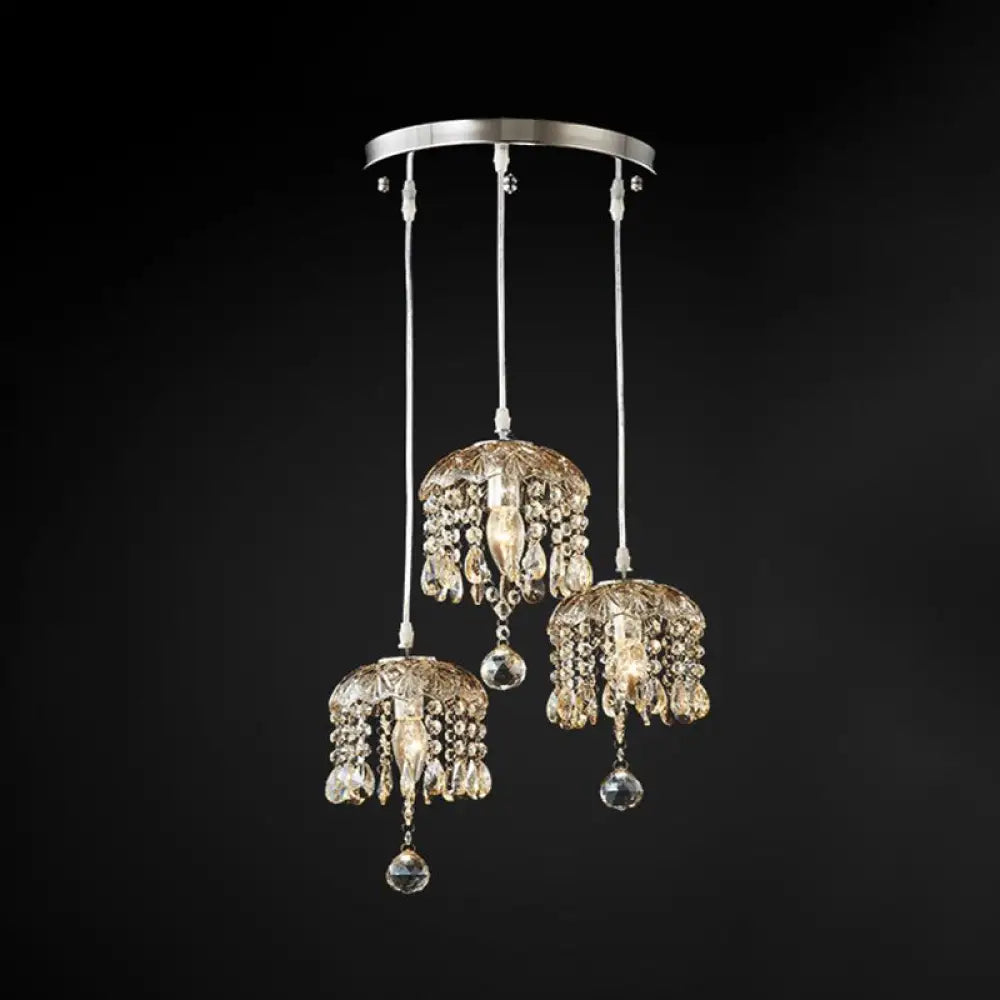 Satin Nickel Crystal Pendant Lamp For Restaurant With Cascade Design - 3 Heads