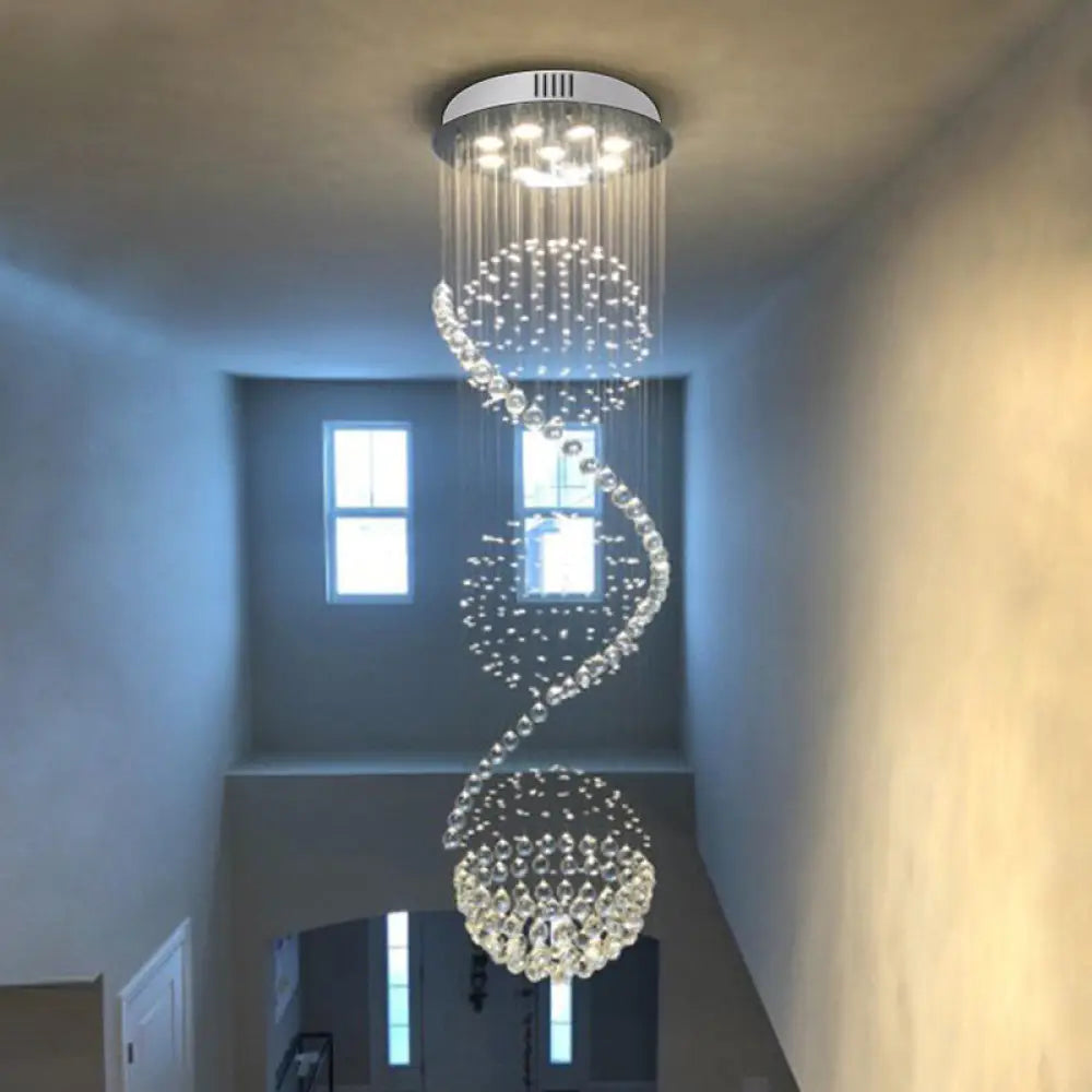 Satin Nickel Spiral Crystal Ceiling Lamp - Modern 9 Bulbs Flush Mount Light Fixture For Elegant