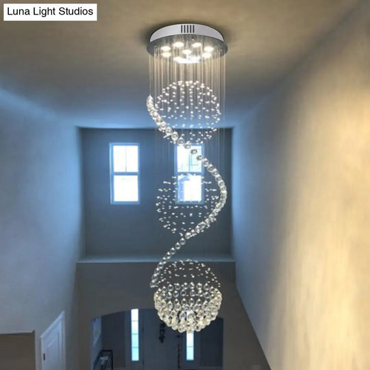 Satin Nickel Spiral Crystal Ceiling Lamp - Modern 9 Bulbs Flush Mount Light Fixture For Elegant