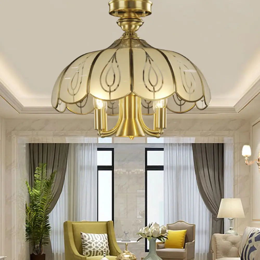 Satin Opal Glass Semi Flush Mount Lamp With Scalloped Design - 5 Bulbs Colonial Brass Finish