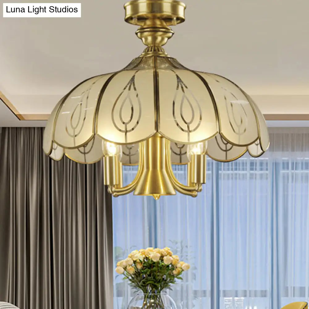 Satin Opal Glass Semi Flush Mount Lamp With Scalloped Design - 5 Bulbs Colonial Brass Finish