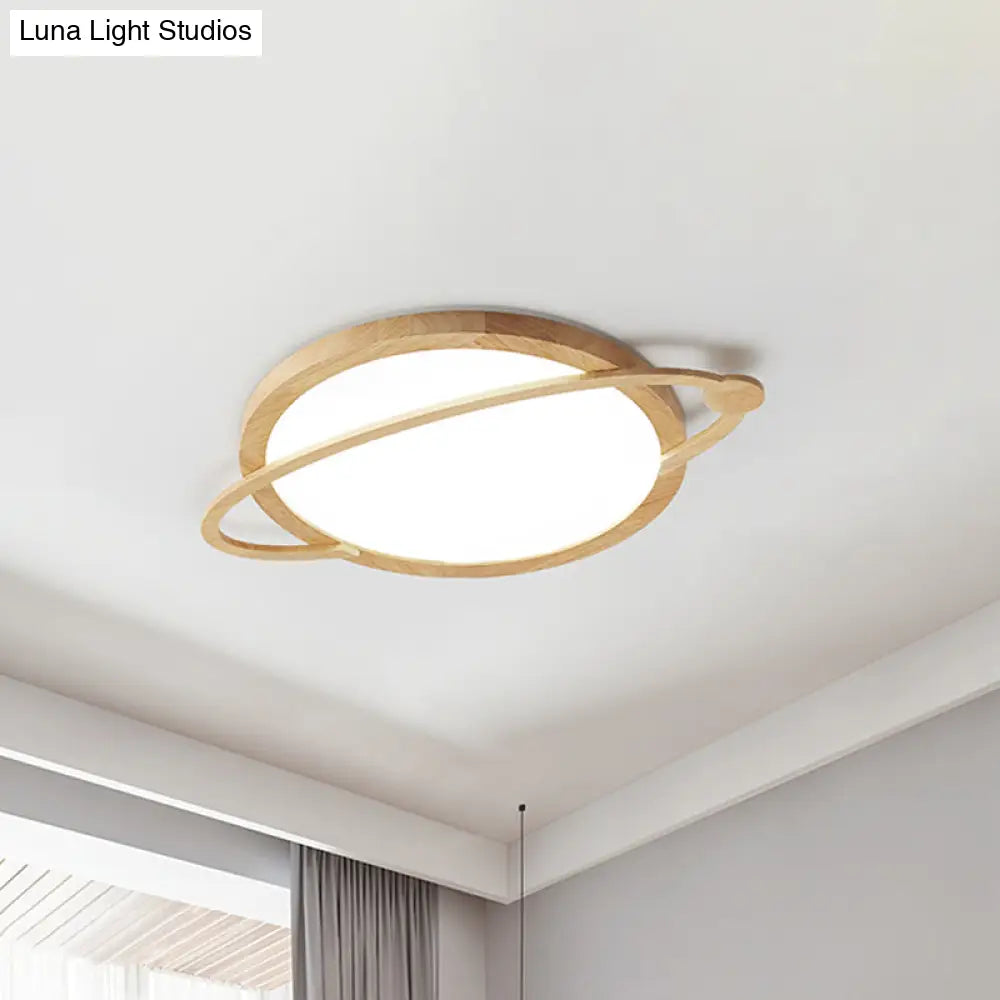 Saturn Flush Mount Kids Led Ceiling Light - Wood Finish Acrylic Shade Ideal For Bedrooms