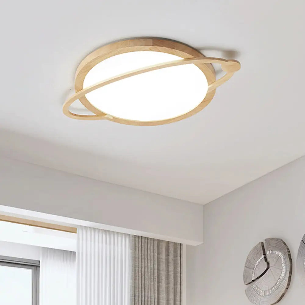 Saturn Flush Mount Kids Led Ceiling Light - Wood Finish Acrylic Shade Ideal For Bedrooms
