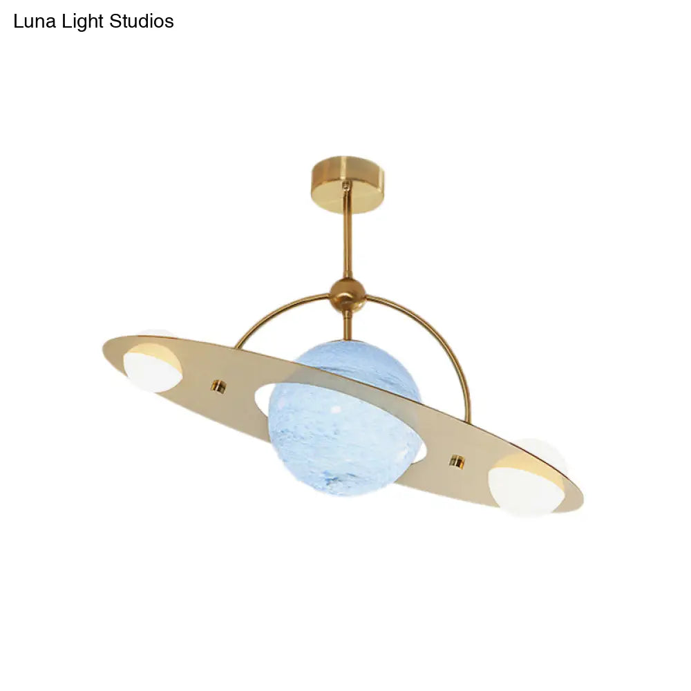 Saturn Semi Flush Ceiling Light - Cartoon White Glass 2 Bulbs White/Beige/Blue