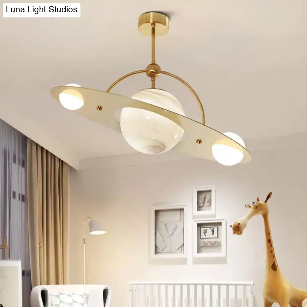 Saturn Semi Flush Ceiling Light - Cartoon White Glass 2 Bulbs White/Beige/Blue