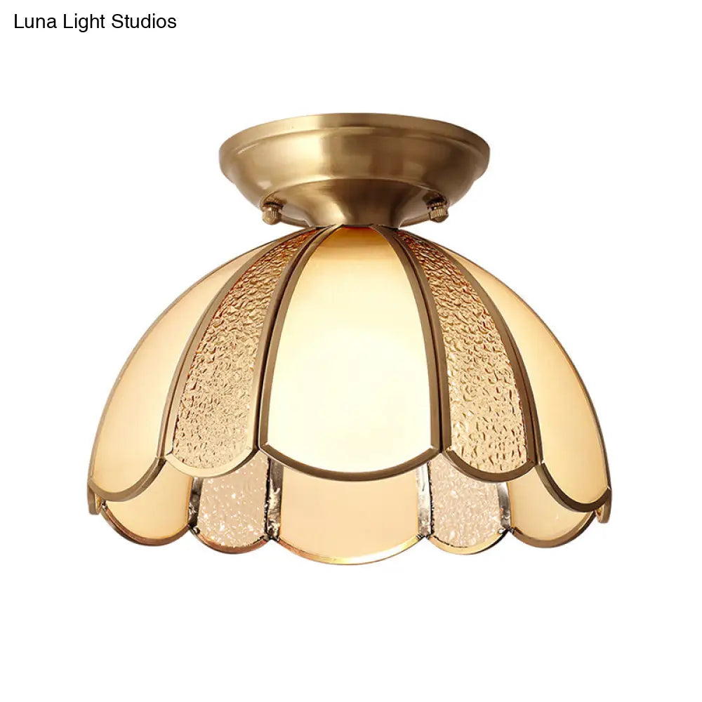 Scallop Bedroom Flush Mount Light - Blown Opal Glass 1 Bulb Brass Finish Close To Ceiling Lamp