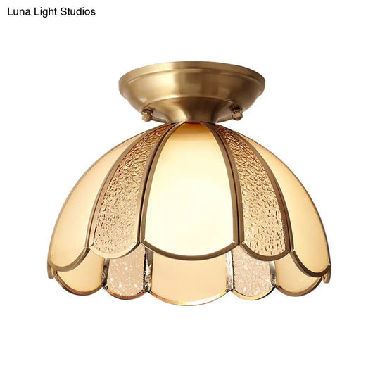 Scallop Bedroom Flush Mount Light - Blown Opal Glass 1 Bulb Brass Finish Close To Ceiling Lamp