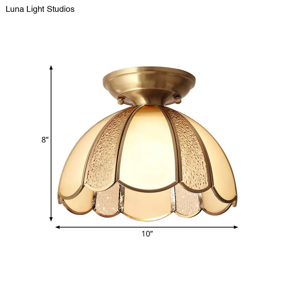 Scallop Bedroom Flush Mount Light - Blown Opal Glass 1 Bulb Brass Finish Close To Ceiling Lamp