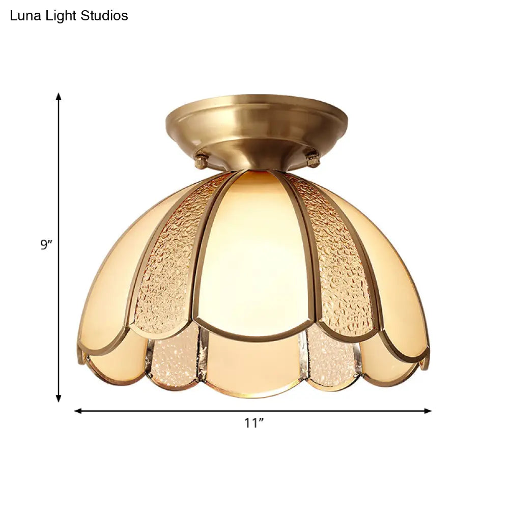 Scallop Bedroom Flush Mount Light - Blown Opal Glass 1 Bulb Brass Finish Close To Ceiling Lamp