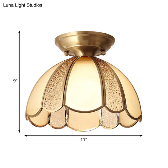 Scallop Bedroom Flush Mount Light - Blown Opal Glass 1 Bulb Brass Finish Close To Ceiling Lamp