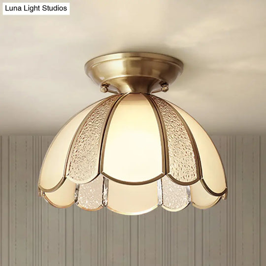 Scallop Bedroom Flush Mount Light - Blown Opal Glass 1 Bulb Brass Finish Close To Ceiling Lamp