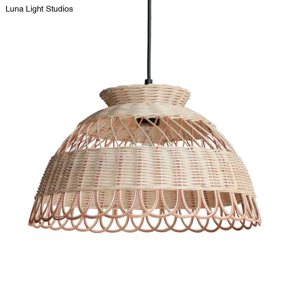 Scalloped Bamboo Pendant Light - Single-Bulb Ceiling Lamp In Khaki