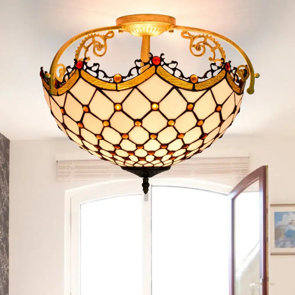 Scalloped Baroque Beige Stained Glass Ceiling Mount - 3 - Light Semi Flush Light For Corridor