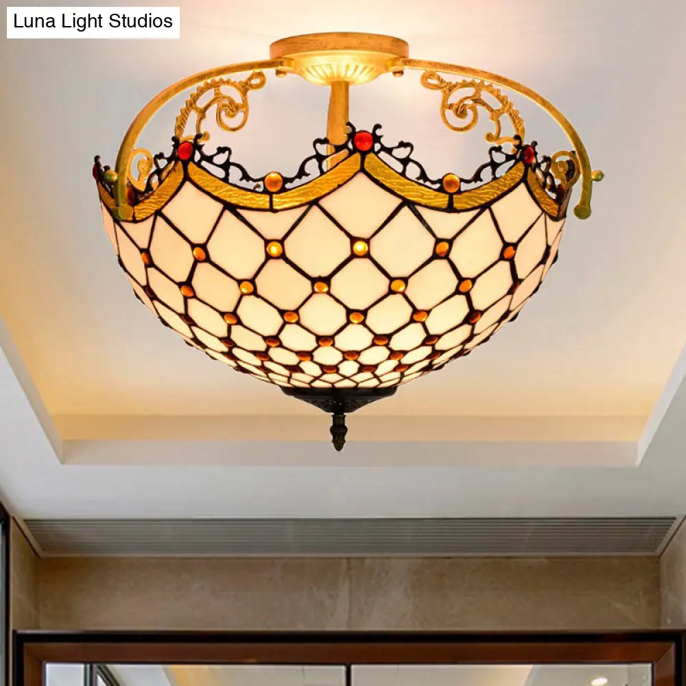 Scalloped Baroque Beige Stained Glass Ceiling Mount - 3 - Light Semi Flush Light For Corridor