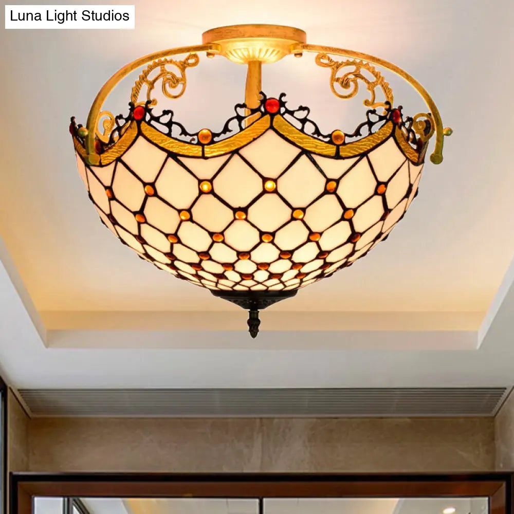 Scalloped Semi Flush Beige Stained Glass Ceiling Mount - 3-Light Baroque Design For Corridor