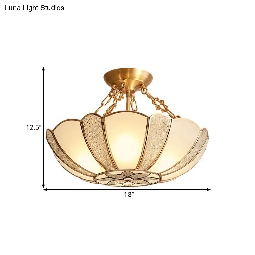 Scalloped Brass Opal Glass Ceiling Light Fixture - 4-Head Traditional Semi Flush With Flower Pattern