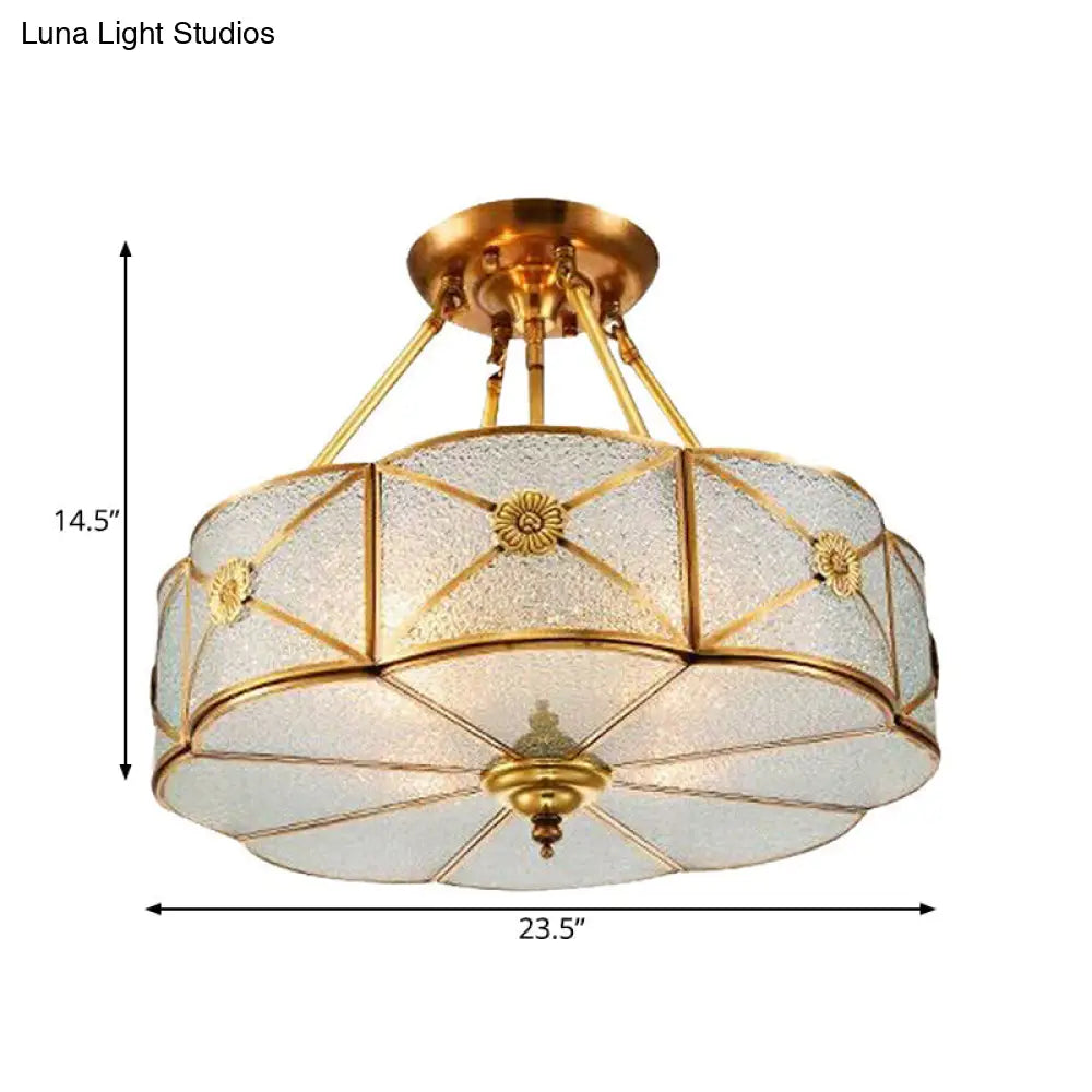 Scalloped Ceiling Flush Mount Colonial Brass Seedy Glass Semi Lighting For Bedroom - 3/4/6 Bulbs