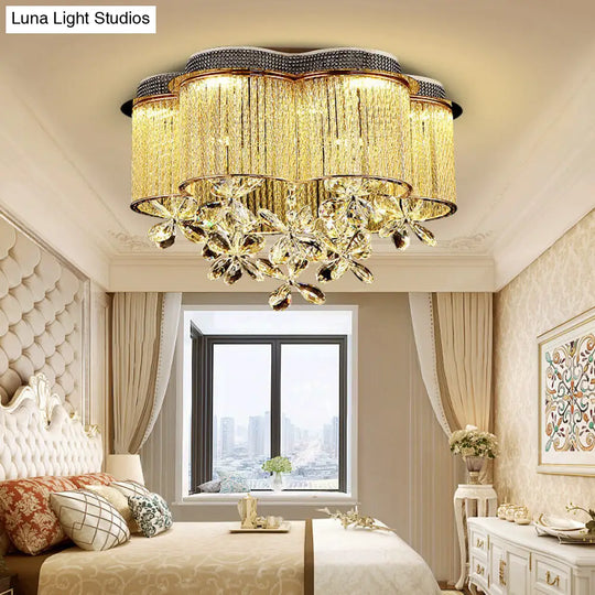 Scalloped Ceiling Mount Light Fixture - Modern Clear Crystal Glass Led Flushmount In Gold For