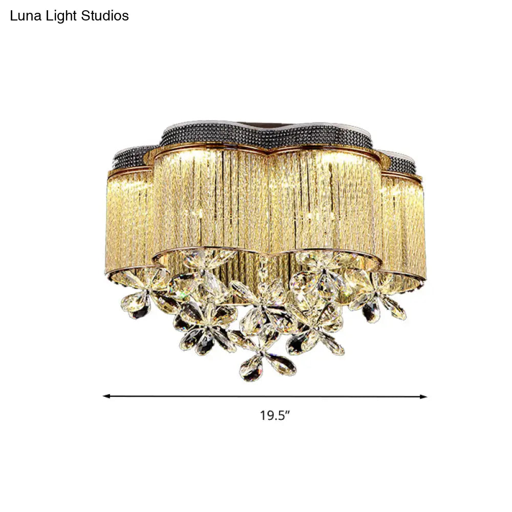 Scalloped Ceiling Mount Light Fixture - Modern Clear Crystal Glass Led Flushmount In Gold For