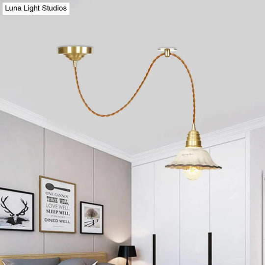 Scalloped Ceramic Pendant Lamp - Traditional Gold Lighting For Living Room Ceiling