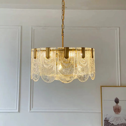 Scalloped Clear Textured Glass Drop Lamp Classic Dining Room Chandelier Light Fixture In Brass / 1