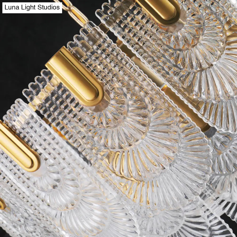 Scalloped Clear Textured Glass Drop Lamp Classic Dining Room Chandelier Light Fixture In Brass