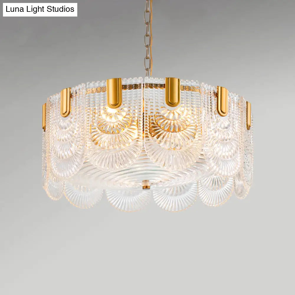 Scalloped Clear Textured Glass Drop Lamp Classic Dining Room Chandelier Light Fixture In Brass