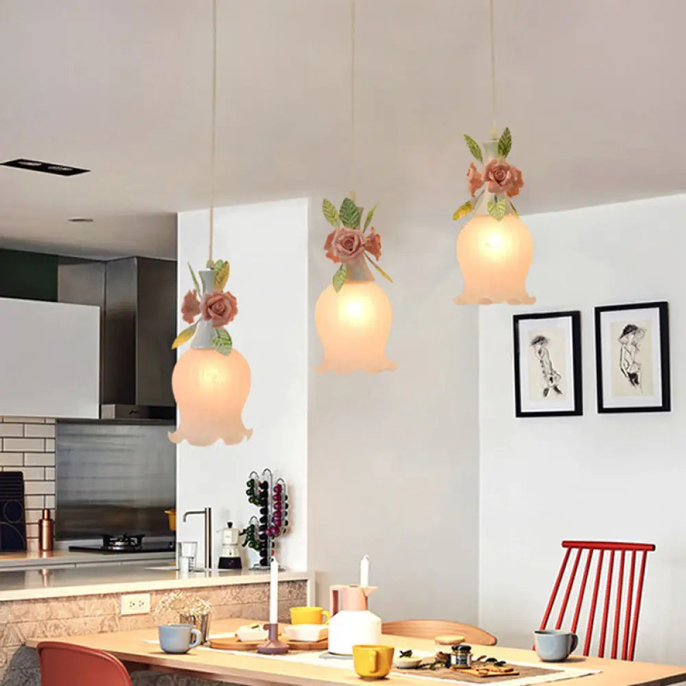 Scalloped Cluster Pendant Hanging Light With 3 Frosted White Glass Bulbs