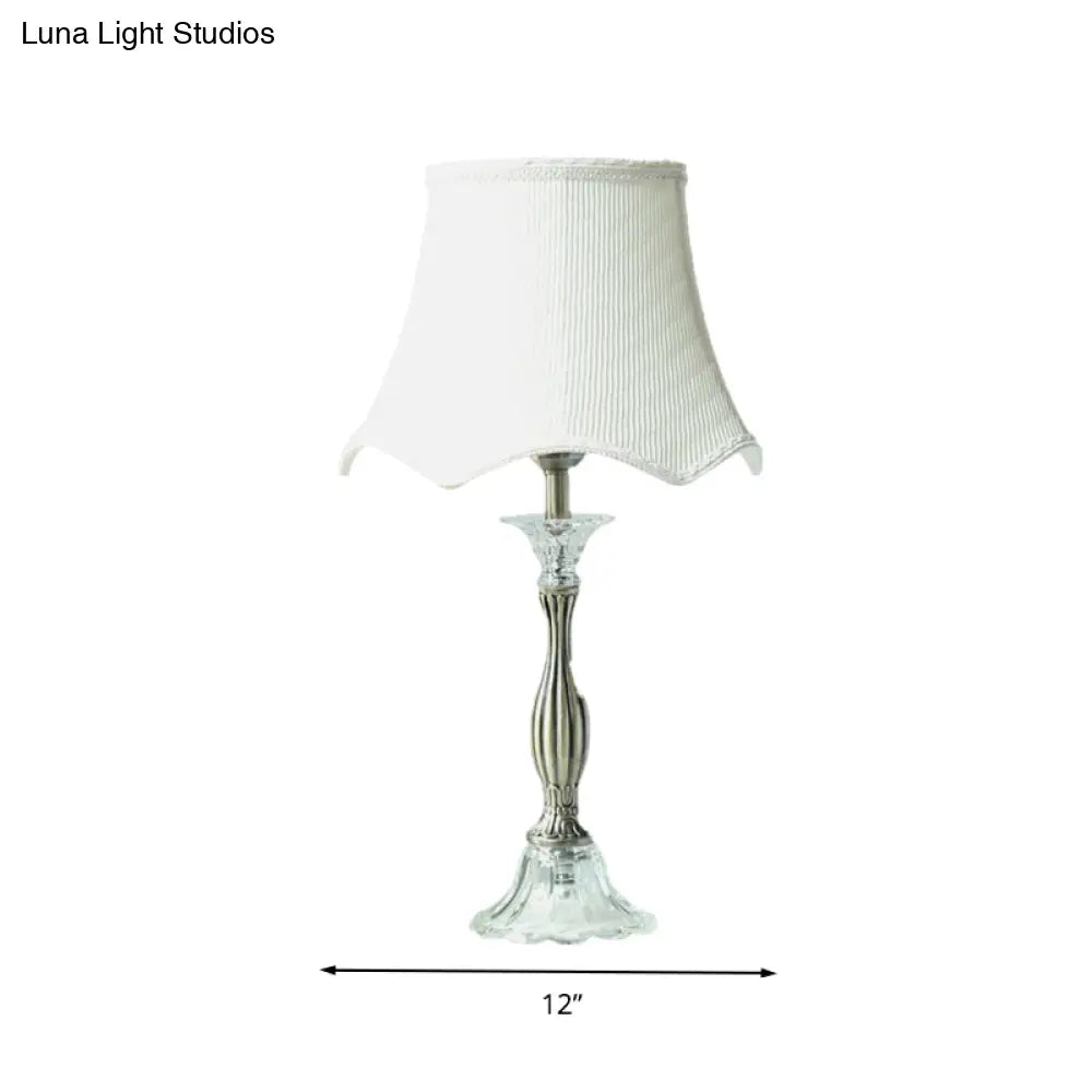 Scalloped Crystal Nightstand Lamp In White With Fabric Shade - Elegant Bedroom Table Light