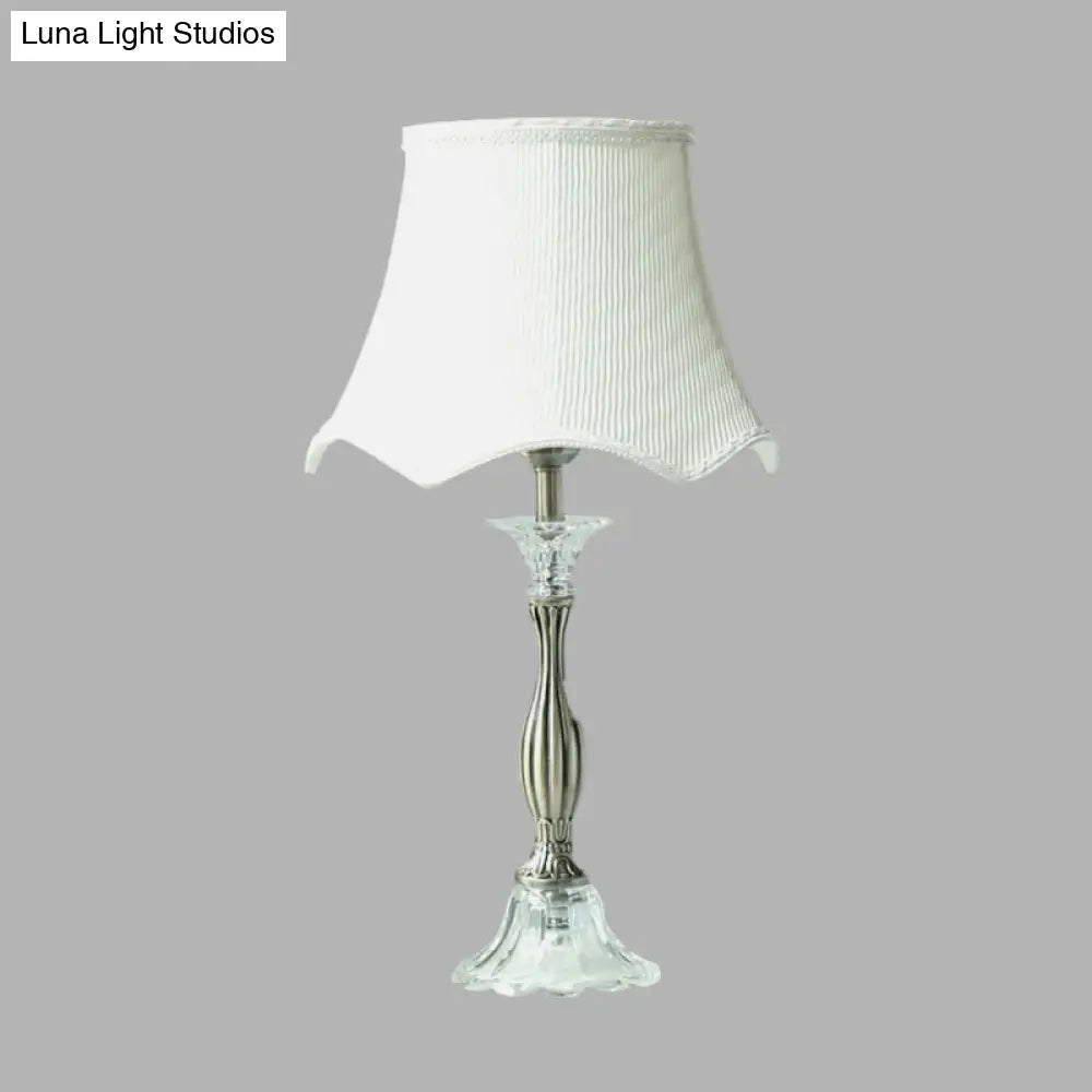 Scalloped Crystal Nightstand Lamp In White With Fabric Shade - Elegant Bedroom Table Light